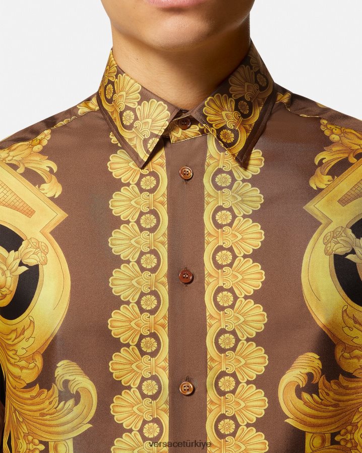 Versace barocco 660 ipek gömlek erkekler kahverengi ve altın Giyim B0HHR81320