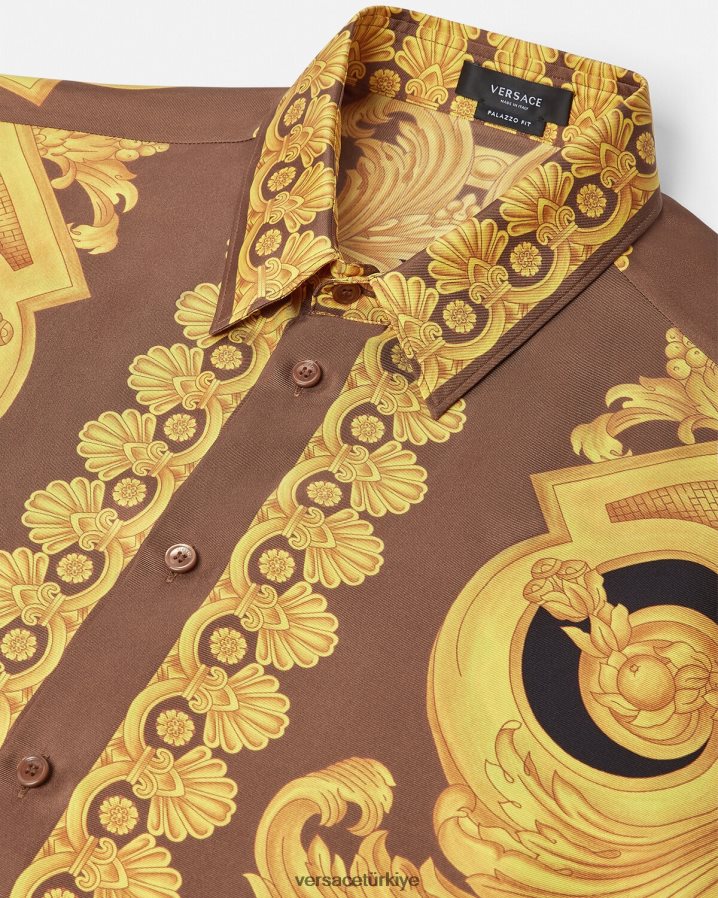 Versace barocco 660 ipek gömlek erkekler kahverengi ve altın Giyim B0HHR81320
