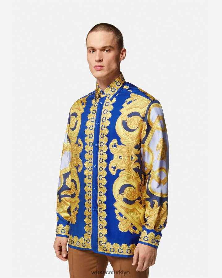Versace barocco 660 ipek gömlek erkekler mavi ve altın Giyim B0HHR81318