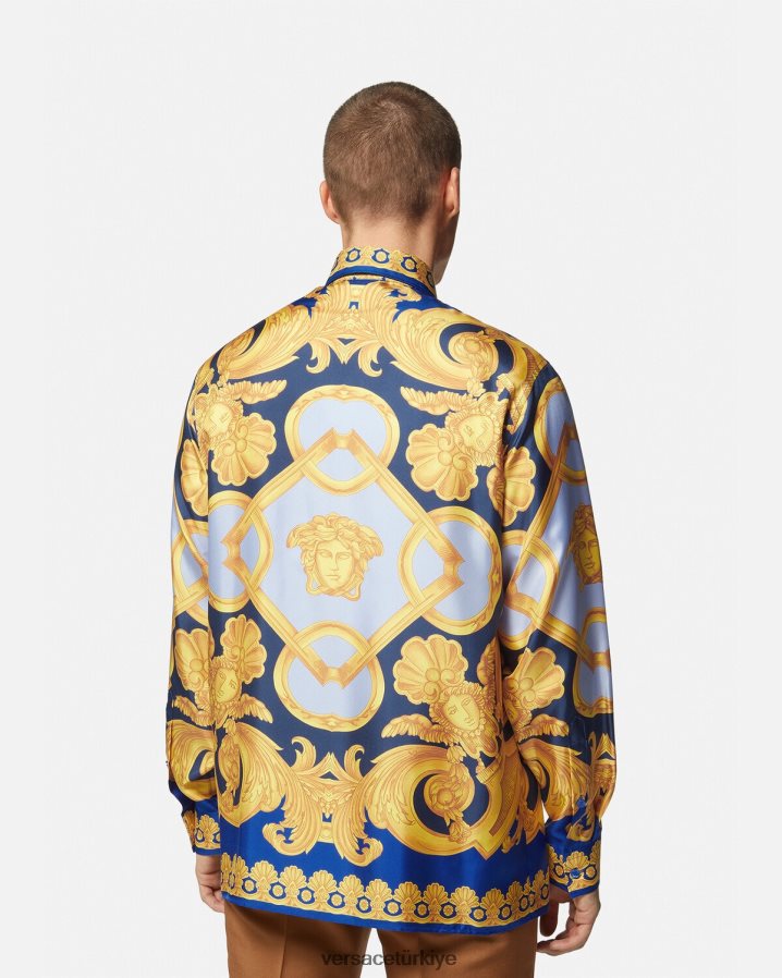 Versace barocco 660 ipek gömlek erkekler mavi ve altın Giyim B0HHR81318