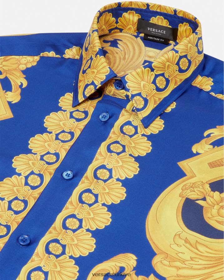 Versace barocco 660 ipek gömlek erkekler mavi ve altın Giyim B0HHR81318