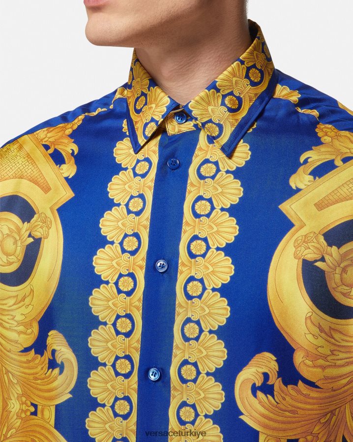 Versace barocco 660 ipek gömlek erkekler mavi ve altın Giyim B0HHR81318