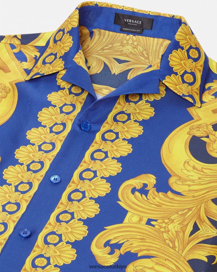 Versace barocco 660 ipek gömlek erkekler mavi ve altın Giyim B0HHR81319