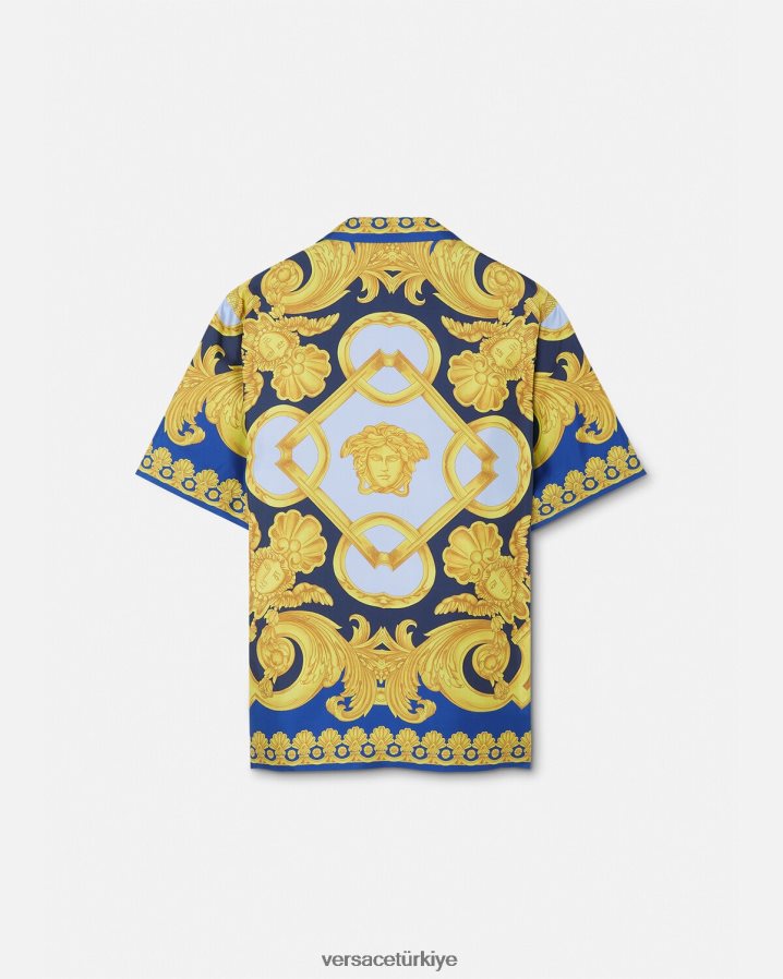 Versace barocco 660 ipek gömlek erkekler mavi ve altın Giyim B0HHR81319
