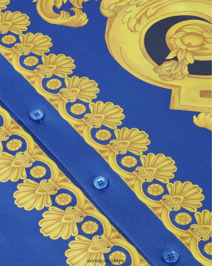 Versace barocco 660 ipek gömlek erkekler mavi ve altın Giyim B0HHR81319