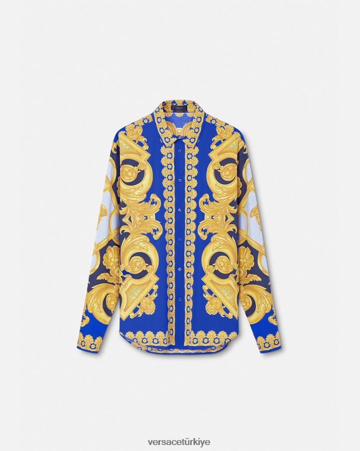 Versace barocco 660 pamuklu gömlek erkekler mavi ve altın Giyim B0HHR81321