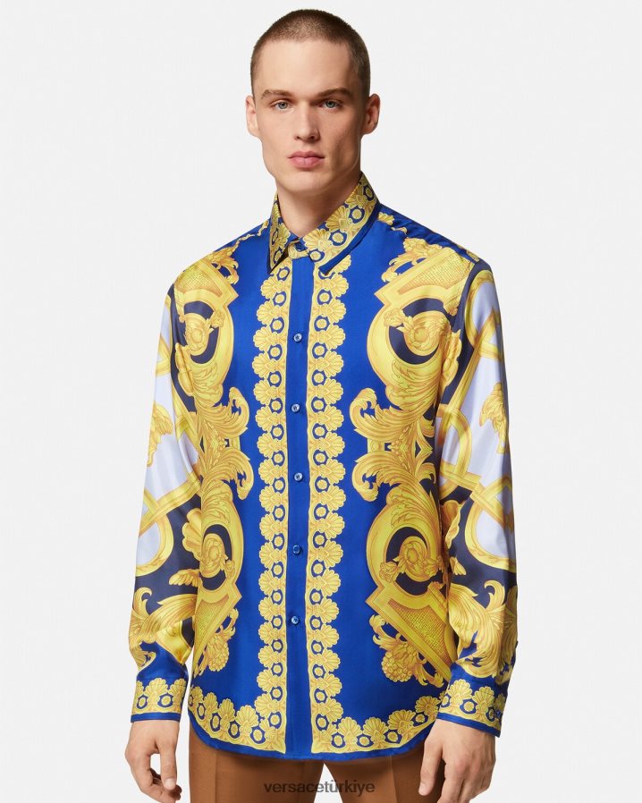 Versace barocco 660 pamuklu gömlek erkekler mavi ve altın Giyim B0HHR81321