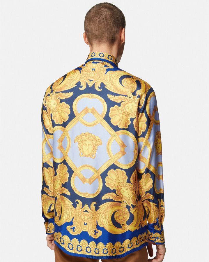Versace barocco 660 pamuklu gömlek erkekler mavi ve altın Giyim B0HHR81321