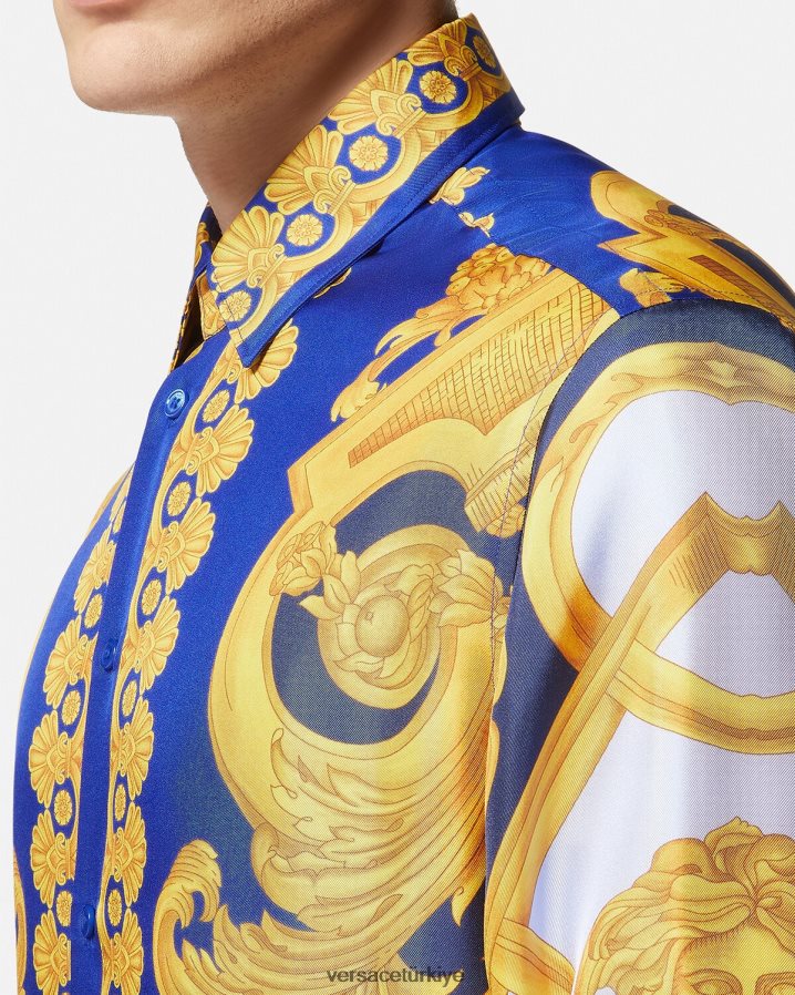 Versace barocco 660 pamuklu gömlek erkekler mavi ve altın Giyim B0HHR81321