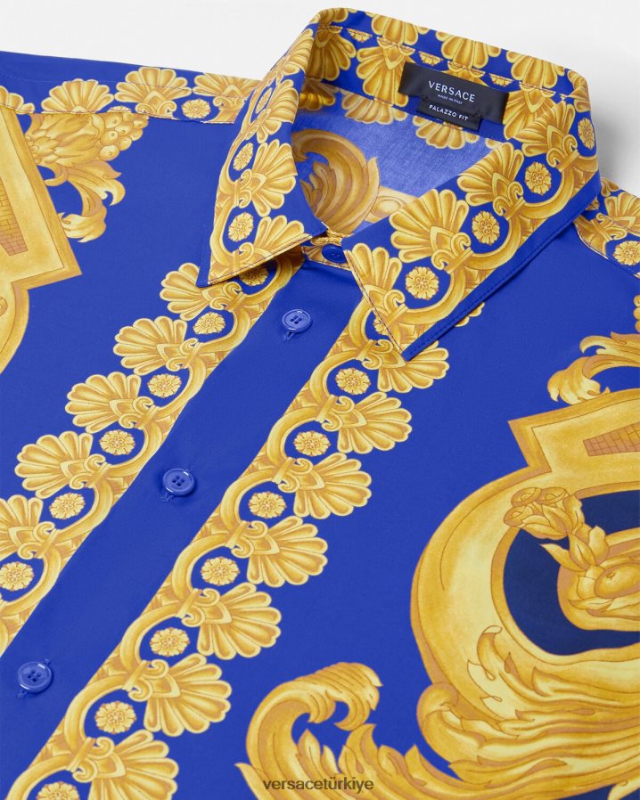 Versace barocco 660 pamuklu gömlek erkekler mavi ve altın Giyim B0HHR81321