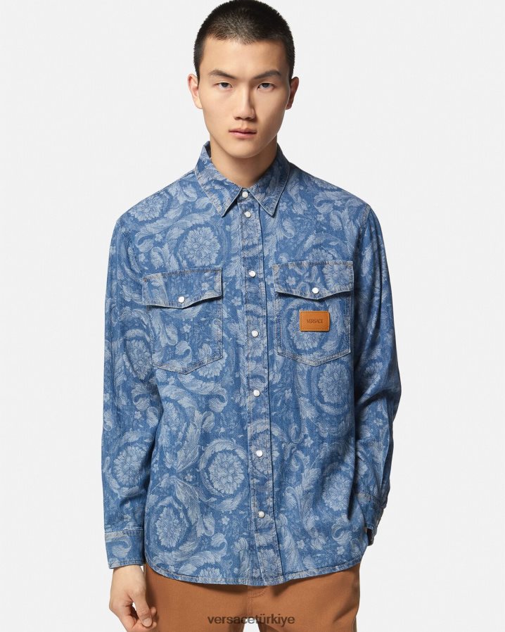 Versace barok jakarlı denim ince ince gömlek erkekler taslak Giyim B0HHR81299