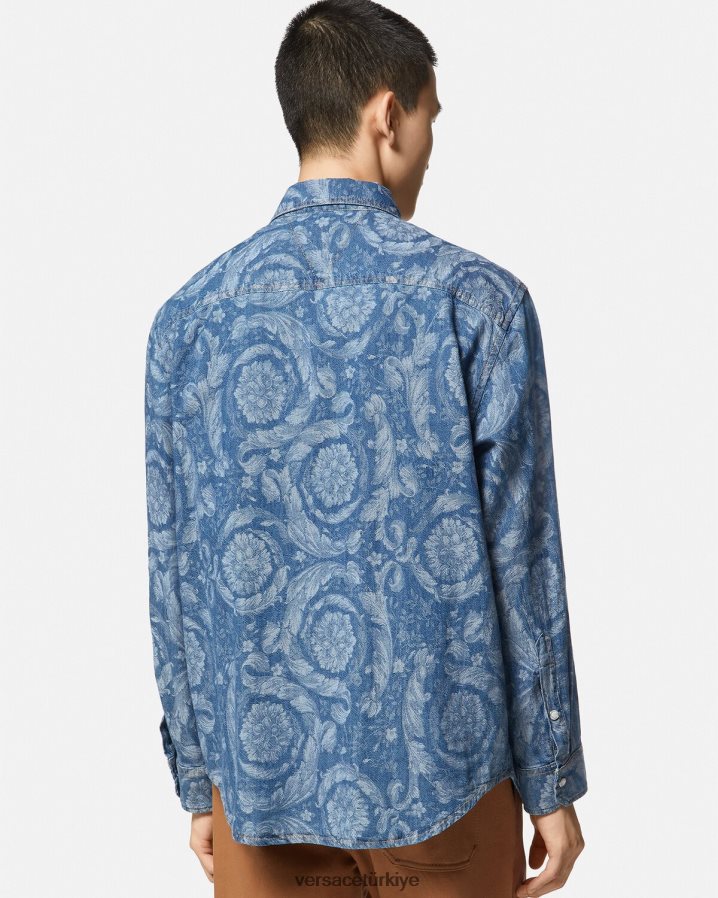 Versace barok jakarlı denim ince ince gömlek erkekler taslak Giyim B0HHR81299