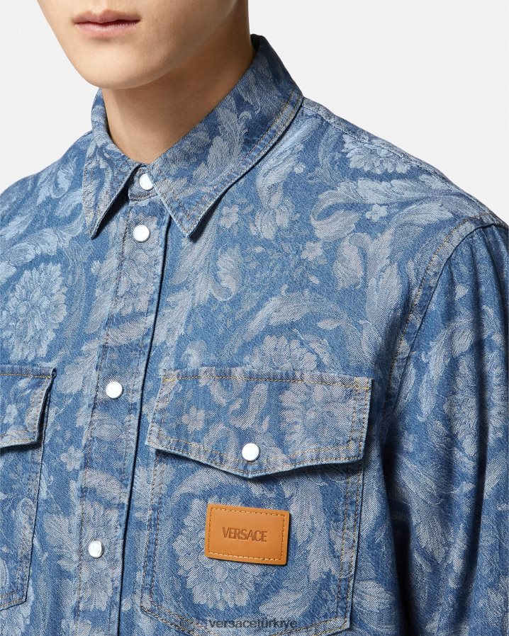 Versace barok jakarlı denim ince ince gömlek erkekler taslak Giyim B0HHR81299