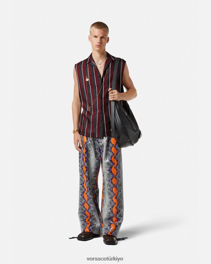 Versace çizgili kolsuz ipek gömlek erkekler kırmızı ve gri Giyim B0HHR81303