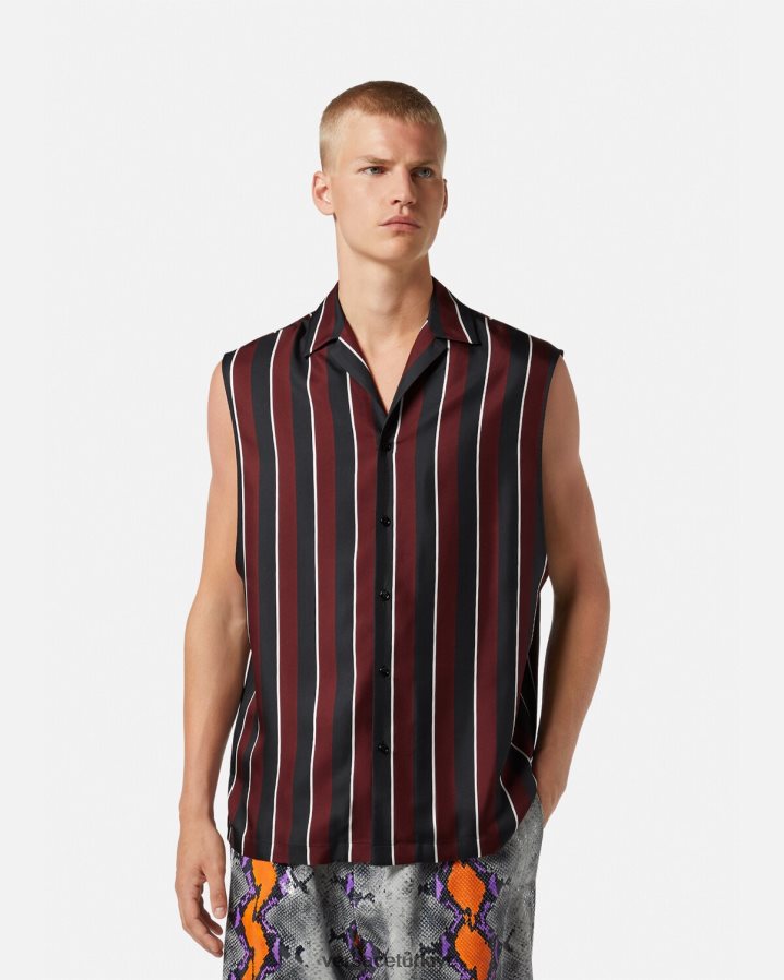 Versace çizgili kolsuz ipek gömlek erkekler kırmızı ve gri Giyim B0HHR81303