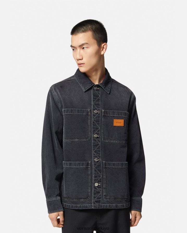 Versace logolu denim kaban erkekler gri Giyim B0HHR81324