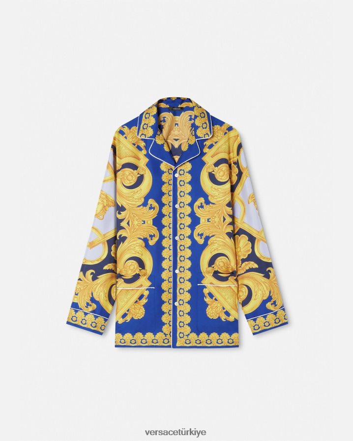 Versace barocco 660 ipek pijama üstü erkekler mavi ve altın iç çamaşırı ve plaj kıyafeti B0HHR81739