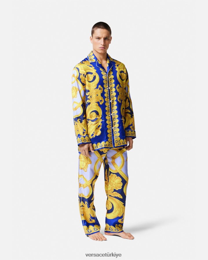 Versace barocco 660 ipek pijama üstü erkekler mavi ve altın iç çamaşırı ve plaj kıyafeti B0HHR81739