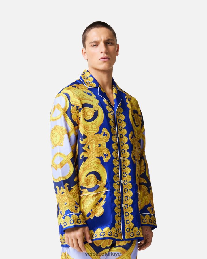 Versace barocco 660 ipek pijama üstü erkekler mavi ve altın iç çamaşırı ve plaj kıyafeti B0HHR81739