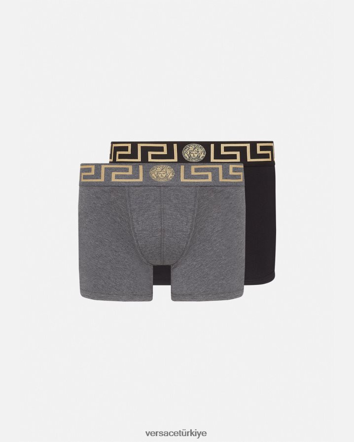 Versace greca border uzun şort 2'li paket erkekler gri siyah iç çamaşırı ve plaj kıyafeti B0HHR81764