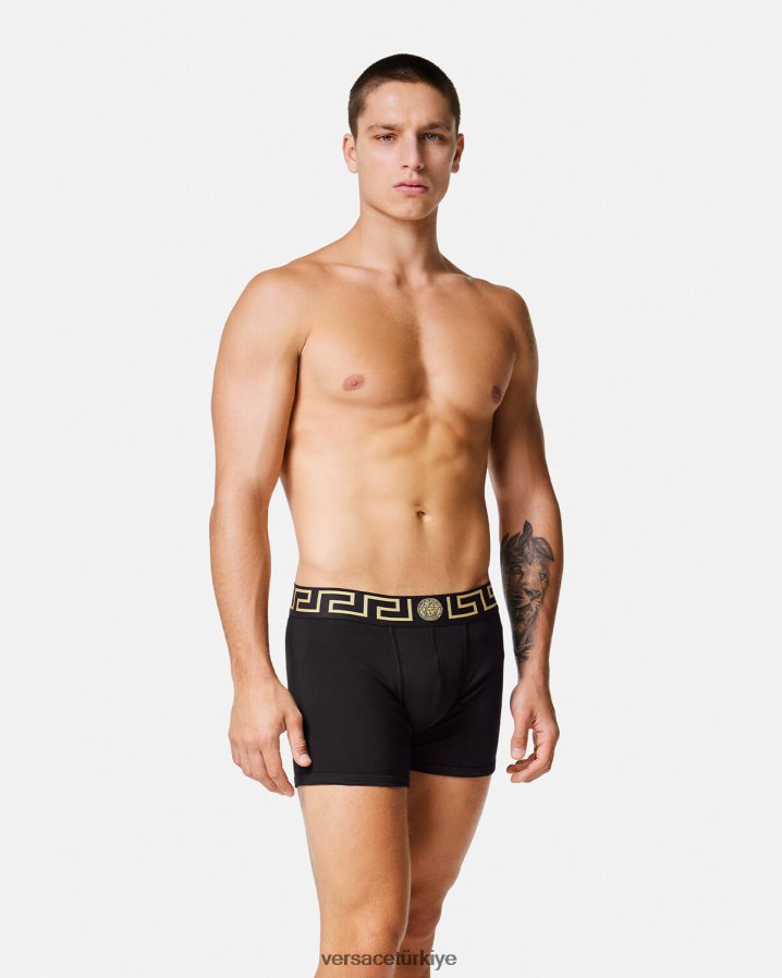 Versace greca border uzun şort 2'li paket erkekler siyah iç çamaşırı ve plaj kıyafeti B0HHR81761