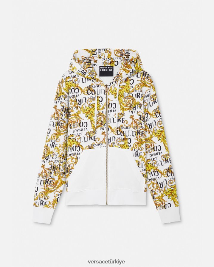 Versace logo couture fermuarlı kapüşonlu üst erkekler altın ve beyaz Giyim B0HHR82404