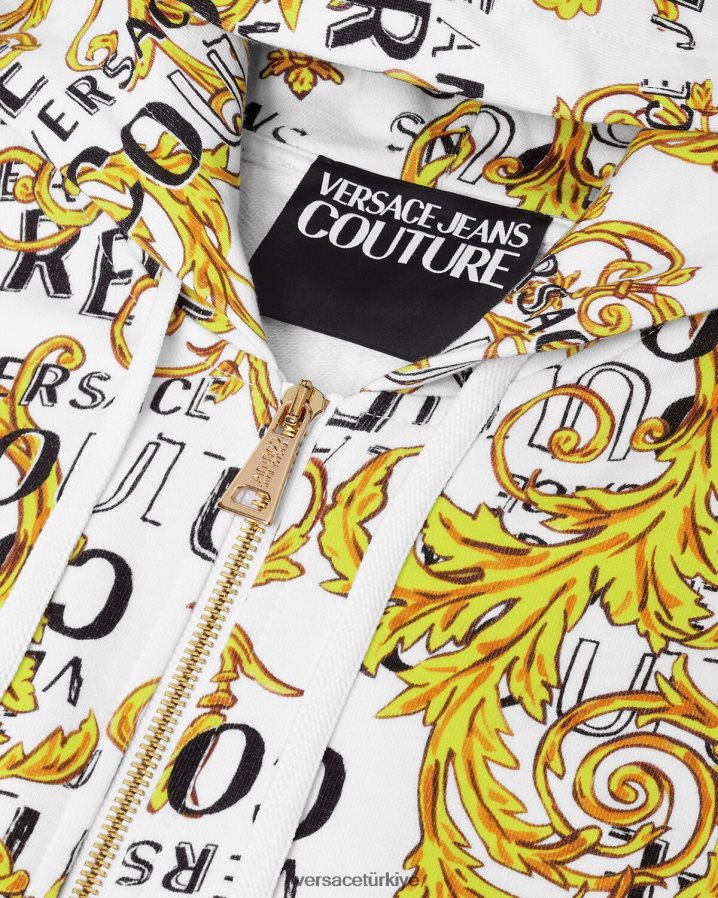 Versace logo couture fermuarlı kapüşonlu üst erkekler altın ve beyaz Giyim B0HHR82404