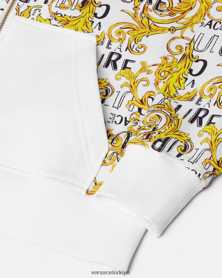 Versace logo couture fermuarlı kapüşonlu üst erkekler altın ve beyaz Giyim B0HHR82404