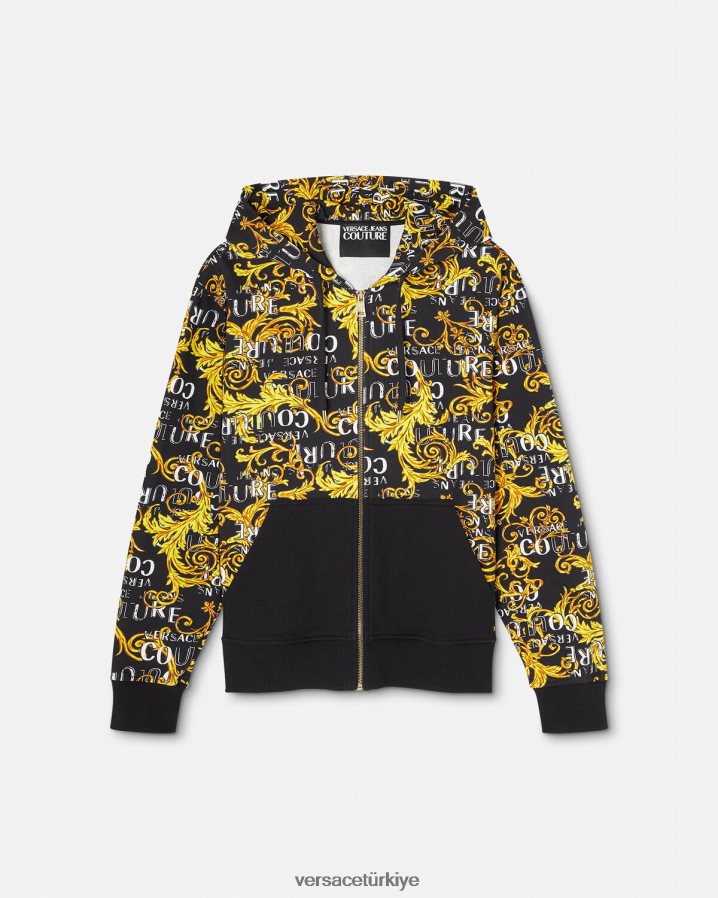 Versace logo couture fermuarlı kapüşonlu üst erkekler siyah altın Giyim B0HHR82403
