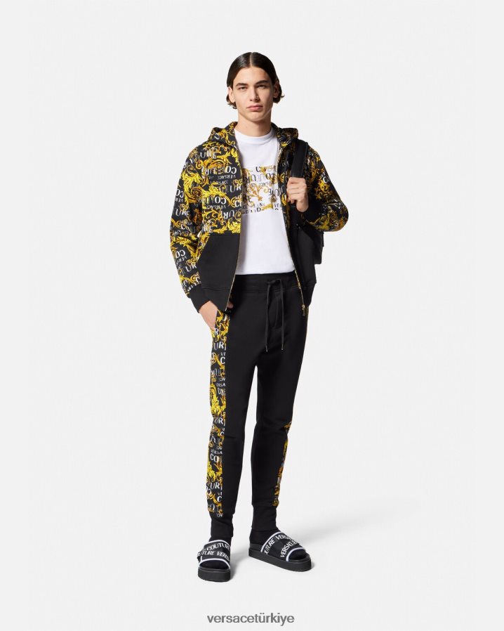 Versace logo couture fermuarlı kapüşonlu üst erkekler siyah altın Giyim B0HHR82403