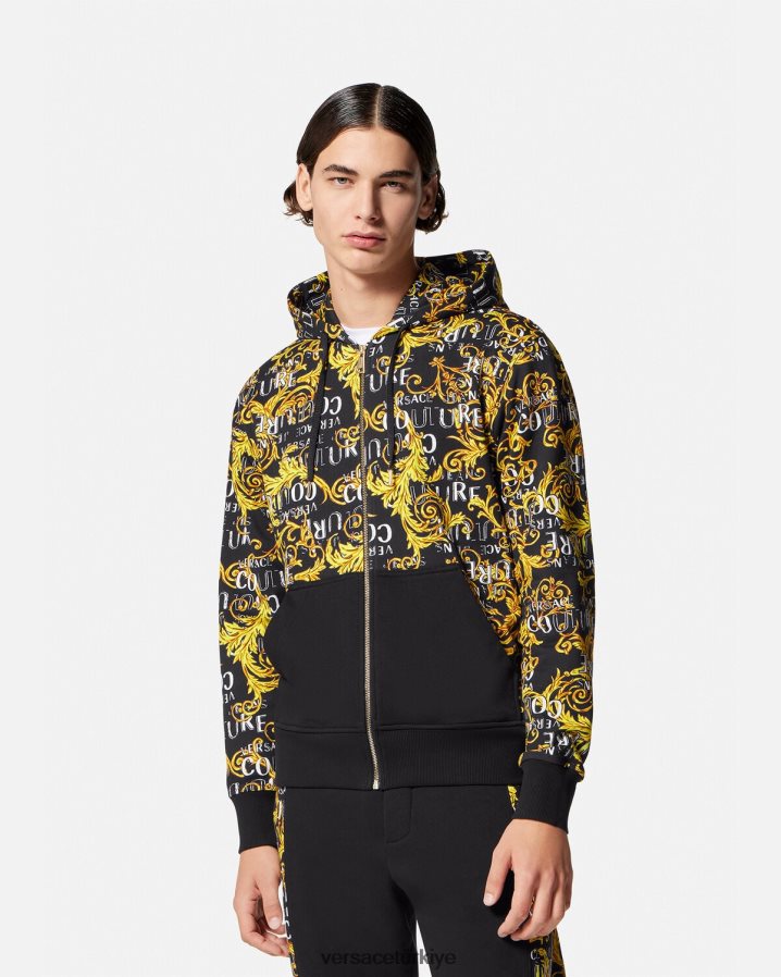 Versace logo couture fermuarlı kapüşonlu üst erkekler siyah altın Giyim B0HHR82403