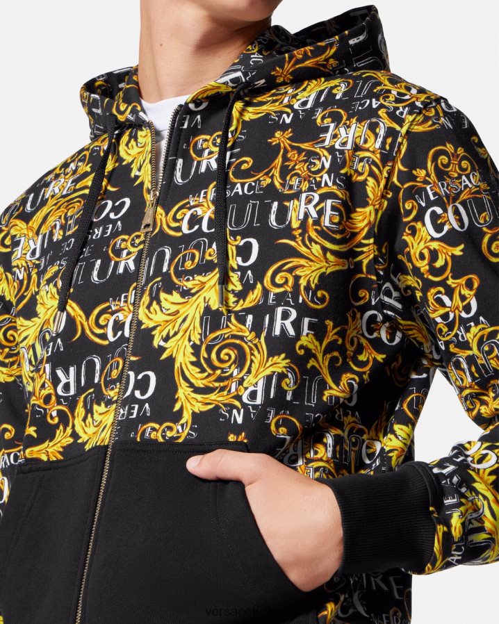 Versace logo couture fermuarlı kapüşonlu üst erkekler siyah altın Giyim B0HHR82403