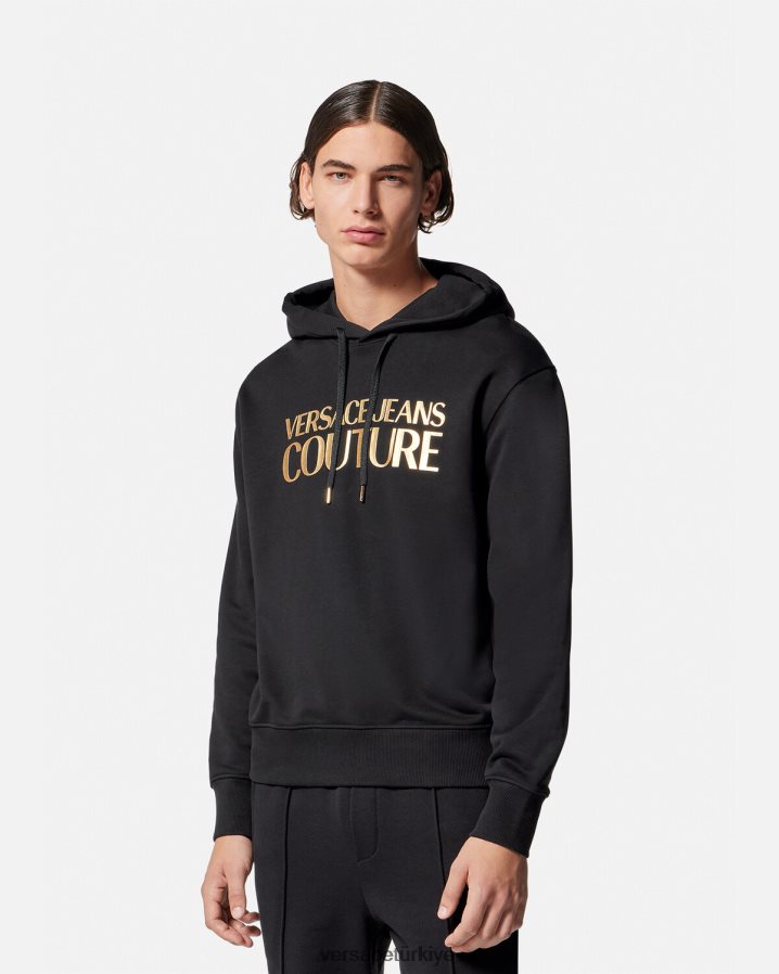 Versace logolu kapüşonlu svetşört erkekler siyah altın Giyim B0HHR82362