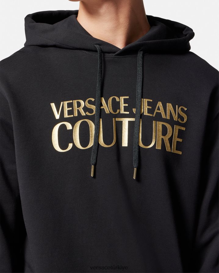 Versace logolu kapüşonlu svetşört erkekler siyah altın Giyim B0HHR82362