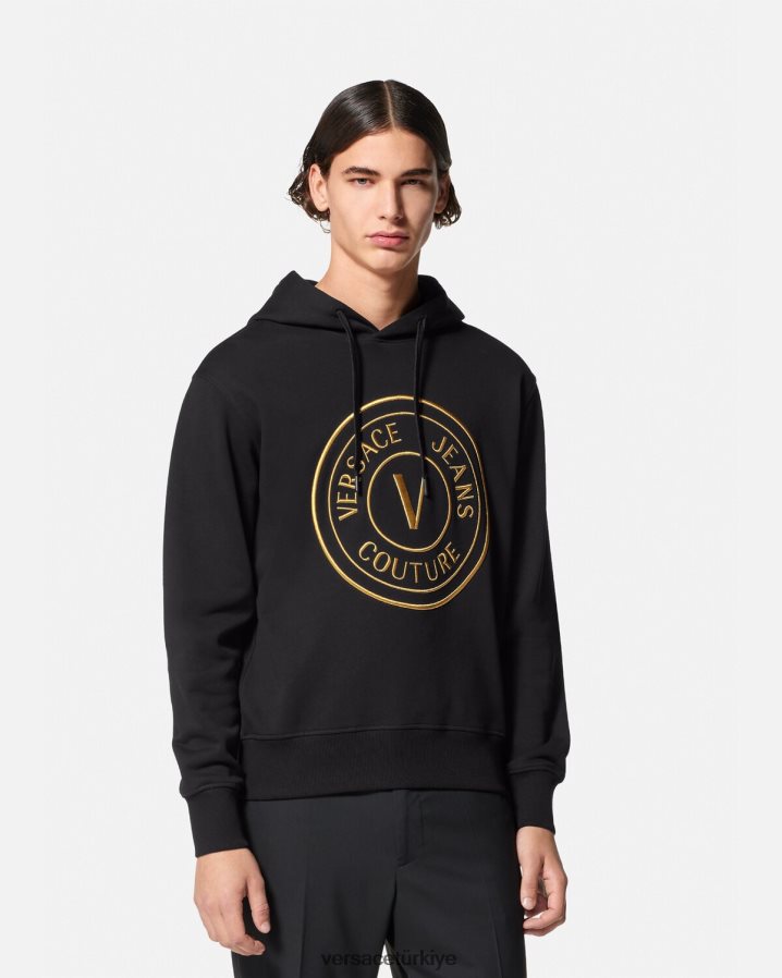 Versace v amblemli kapüşonlu üst erkekler siyah altın Giyim B0HHR82364