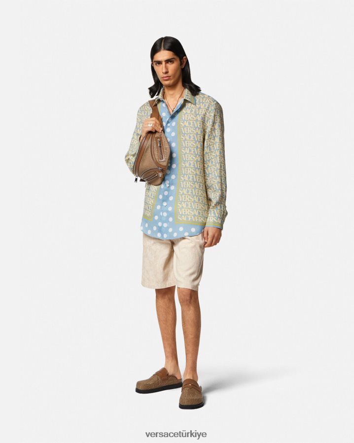 Versace barok siluet chambray şort erkekler bej Giyim B0HHR81441