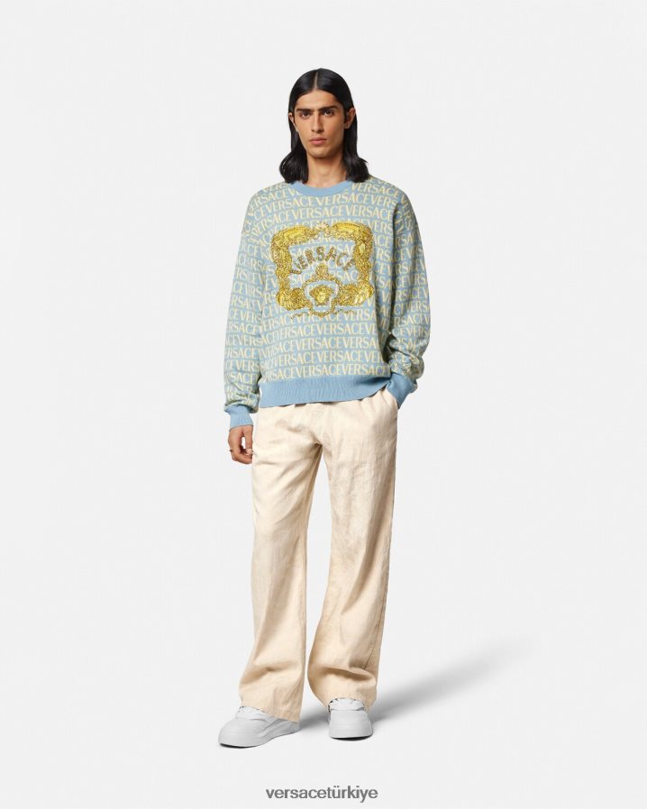 Versace barok siluet chambray pantolon erkekler bej Giyim B0HHR81442