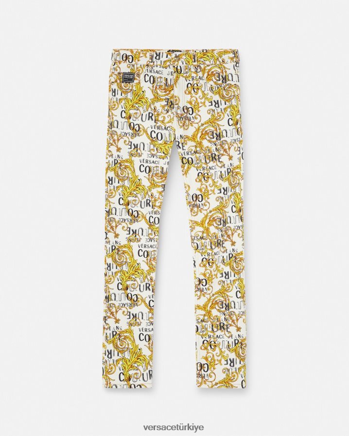 Versace logo couture dar kesim kot pantolon erkekler altın ve beyaz Giyim B0HHR82428