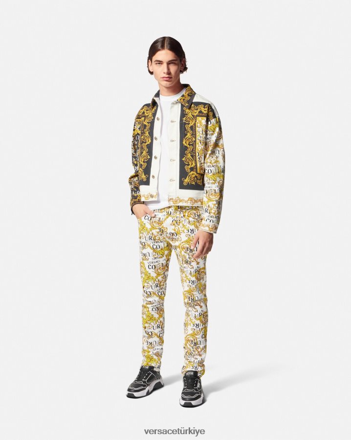 Versace logo couture dar kesim kot pantolon erkekler altın ve beyaz Giyim B0HHR82428