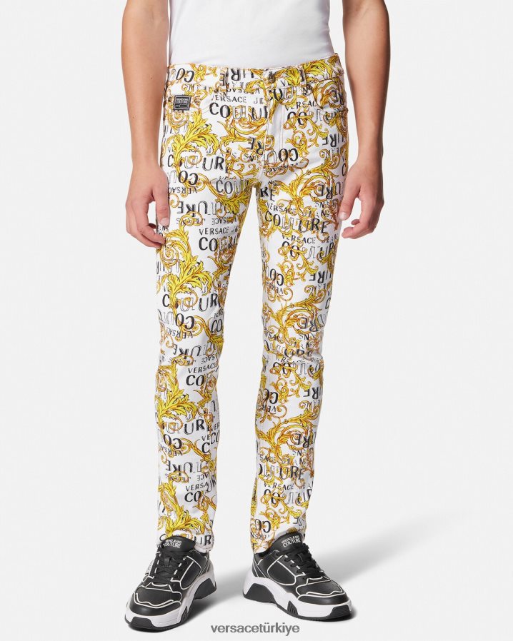 Versace logo couture dar kesim kot pantolon erkekler altın ve beyaz Giyim B0HHR82428