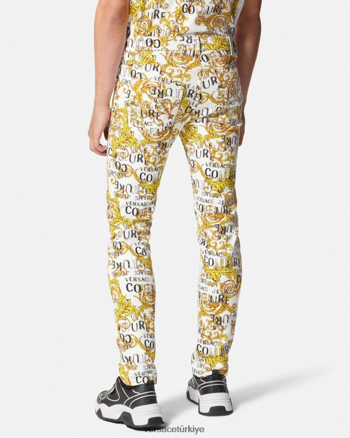 Versace logo couture dar kesim kot pantolon erkekler altın ve beyaz Giyim B0HHR82428
