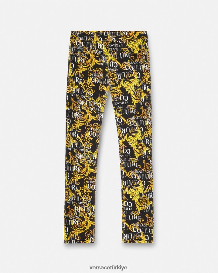 Versace logo couture dar kesim kot pantolon erkekler siyah altın Giyim B0HHR82429