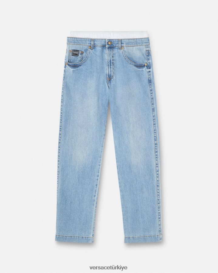 Versace logolu kemer kot pantolon erkekler mavi Giyim B0HHR82420