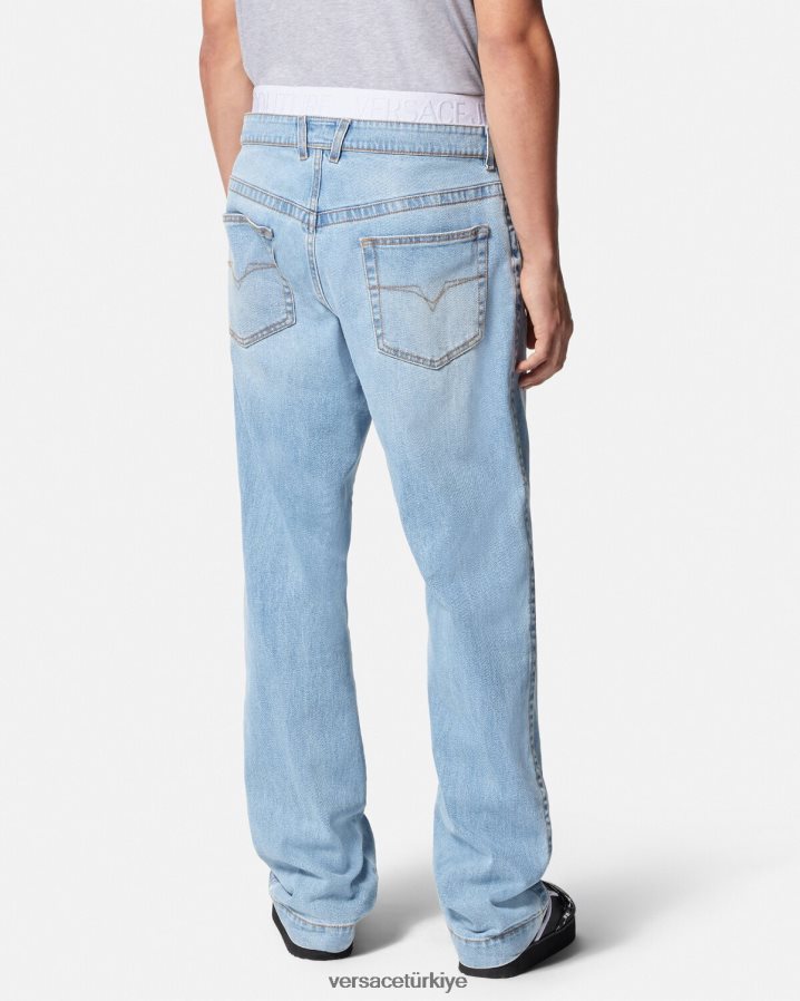 Versace logolu kemer kot pantolon erkekler mavi Giyim B0HHR82420