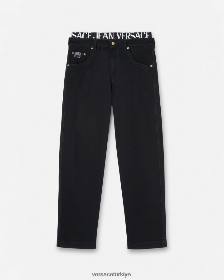 Versace logolu kemer kot pantolon erkekler siyah Giyim B0HHR82365