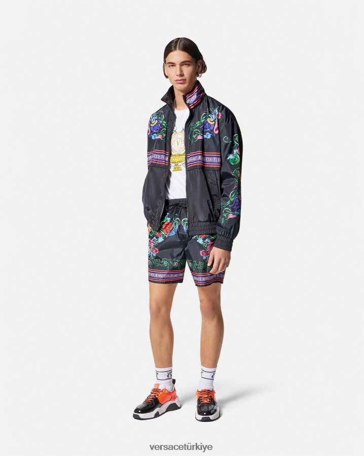 Versace v amblemli bahçe şortu erkekler siyah altın Giyim B0HHR82435