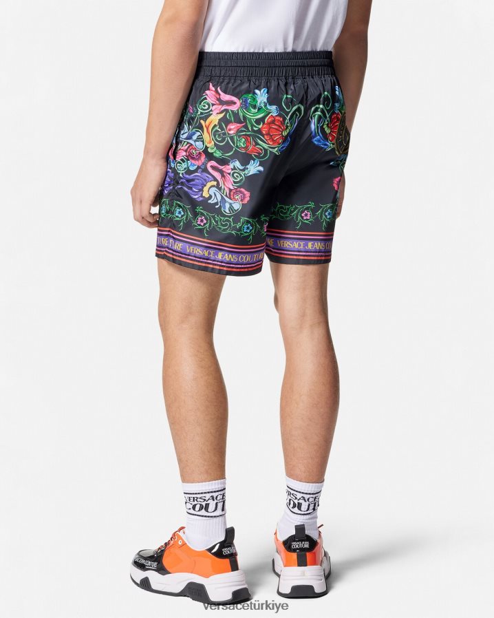 Versace v amblemli bahçe şortu erkekler siyah altın Giyim B0HHR82435