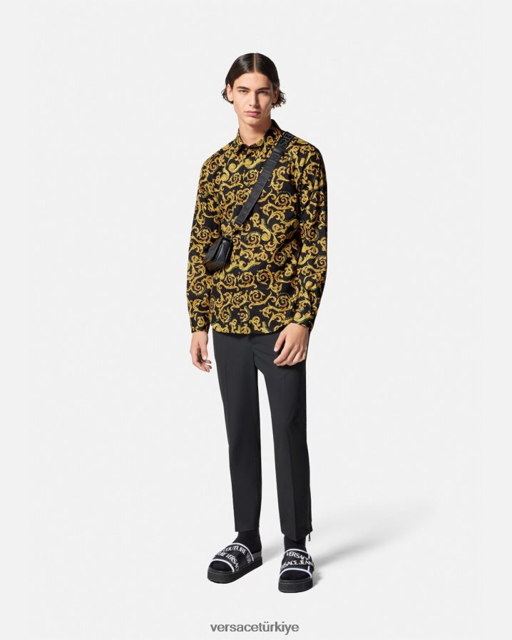 Versace kroki couture gömlek erkekler siyah altın Giyim B0HHR82376