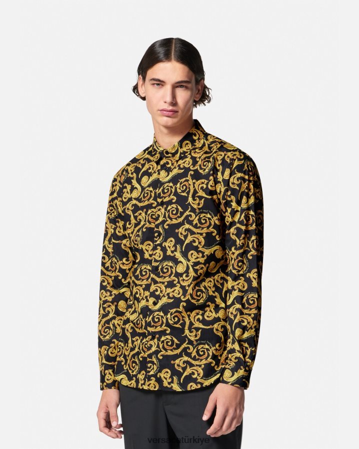 Versace kroki couture gömlek erkekler siyah altın Giyim B0HHR82376