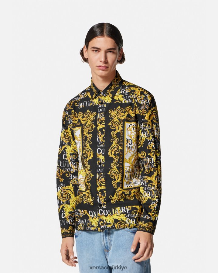 Versace logo couture gömlek erkekler siyah altın Giyim B0HHR82393